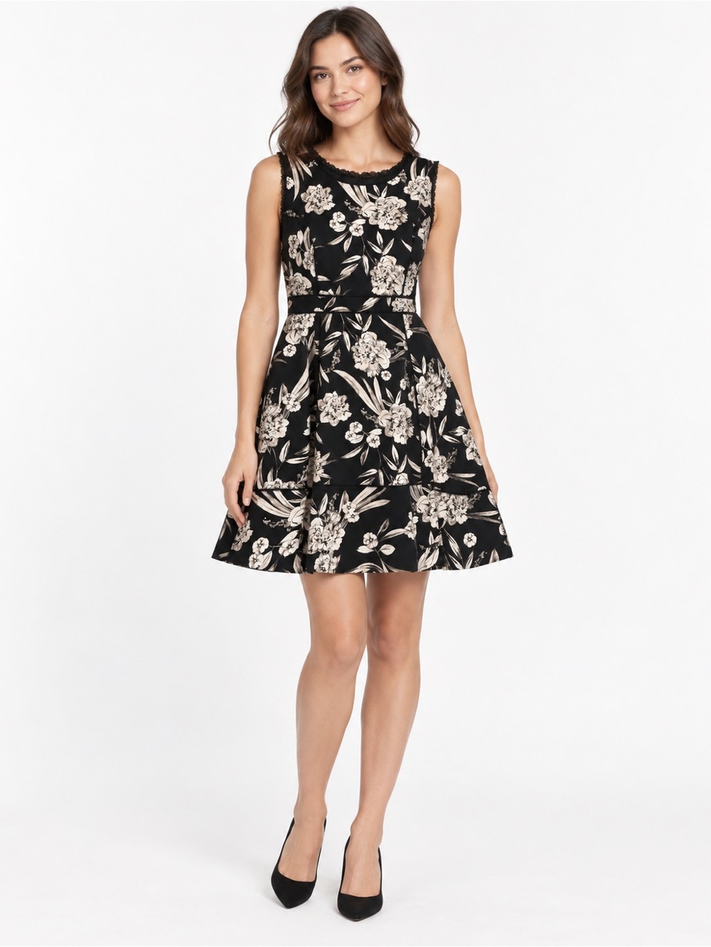 Karl Lagerfeld Paris Floral Fit & Flare Dress Womens 12 Black Cream Lace Trim